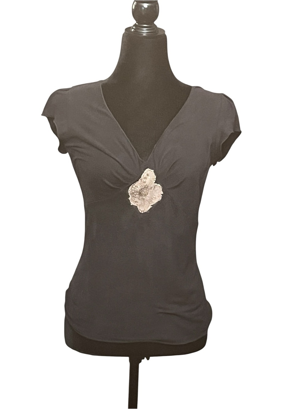 Velvet Women's Black V-Neck Cap Sleeve Top with Floral Accent M